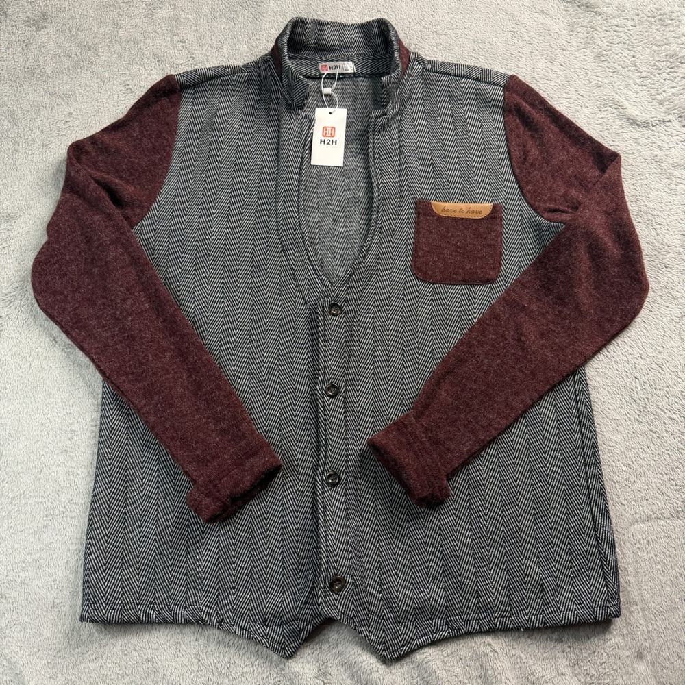 NWT H2H Mens Herringbone Button Cardigan Sweater Burgundy Gray Wool Blend Large